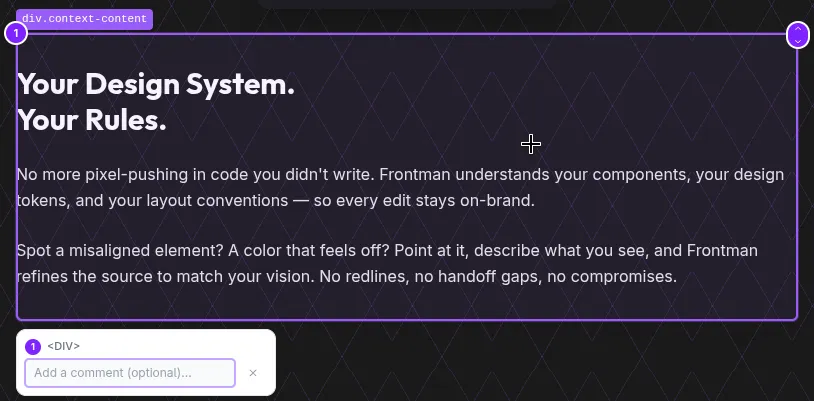 A single annotated element in the preview showing the purple border highlight, numbered badge on the top-left, tree nav on the top-right, and comment popup below