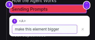 An annotated element in the preview with the annotation marker visible, alongside a prompt that says "Make this larger and bold."