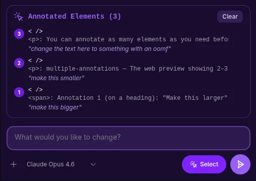 The web preview showing multiple annotated elements on different parts of a page, each with its own numbered purple badge and purple border highlight